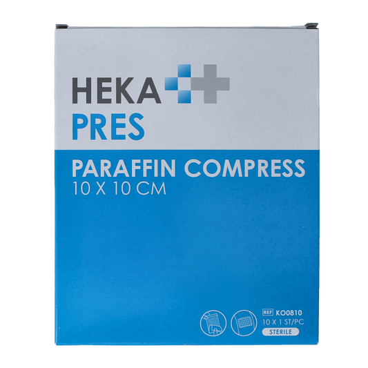 Hekapres Zalfkompres 10x10cm sterile gauze compresses in a box, 10 packs, used for wound dressing and medical care