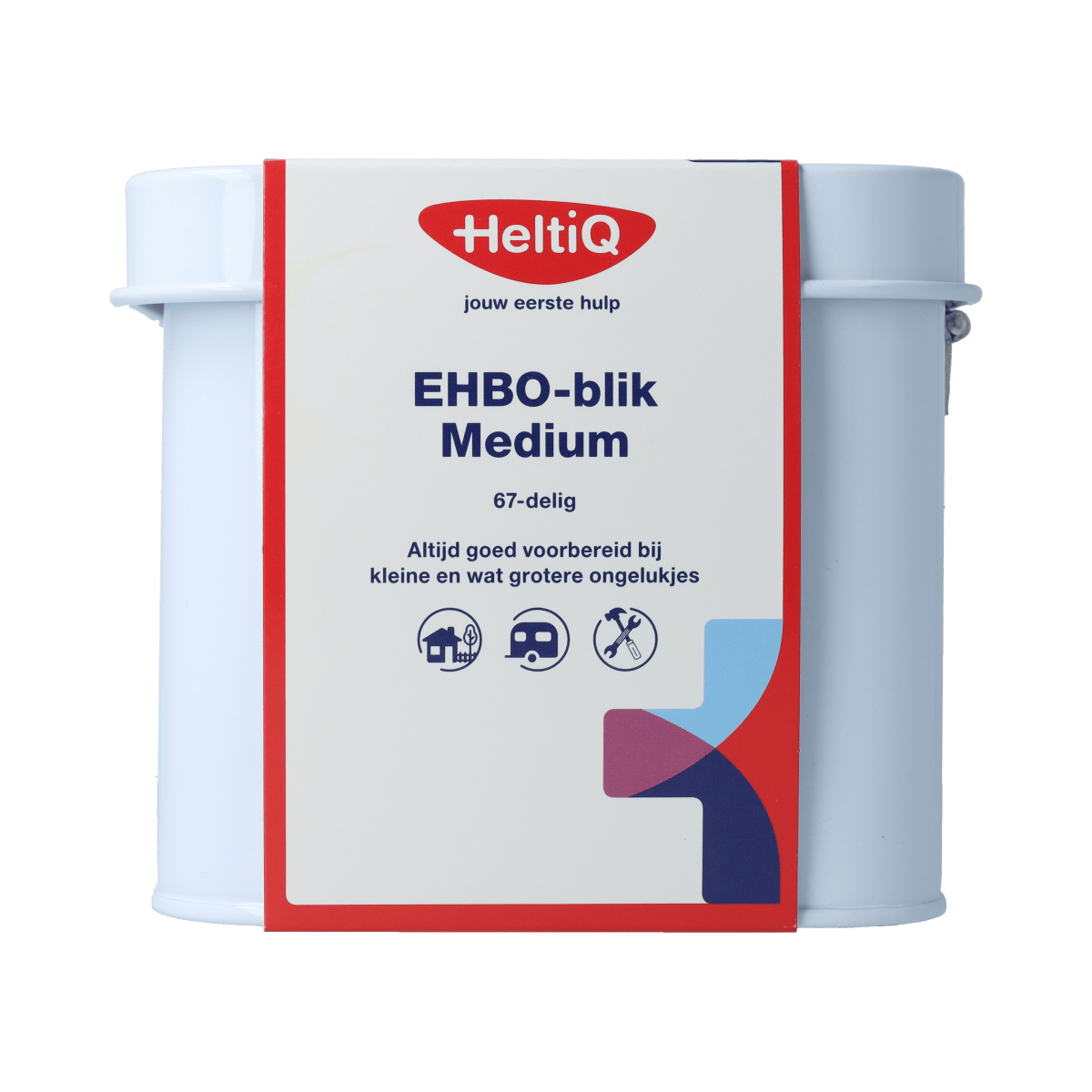 Heltiq EHBO set in a medium-sized metal box, first aid kit containing emergency medical supplies for minor injuries.