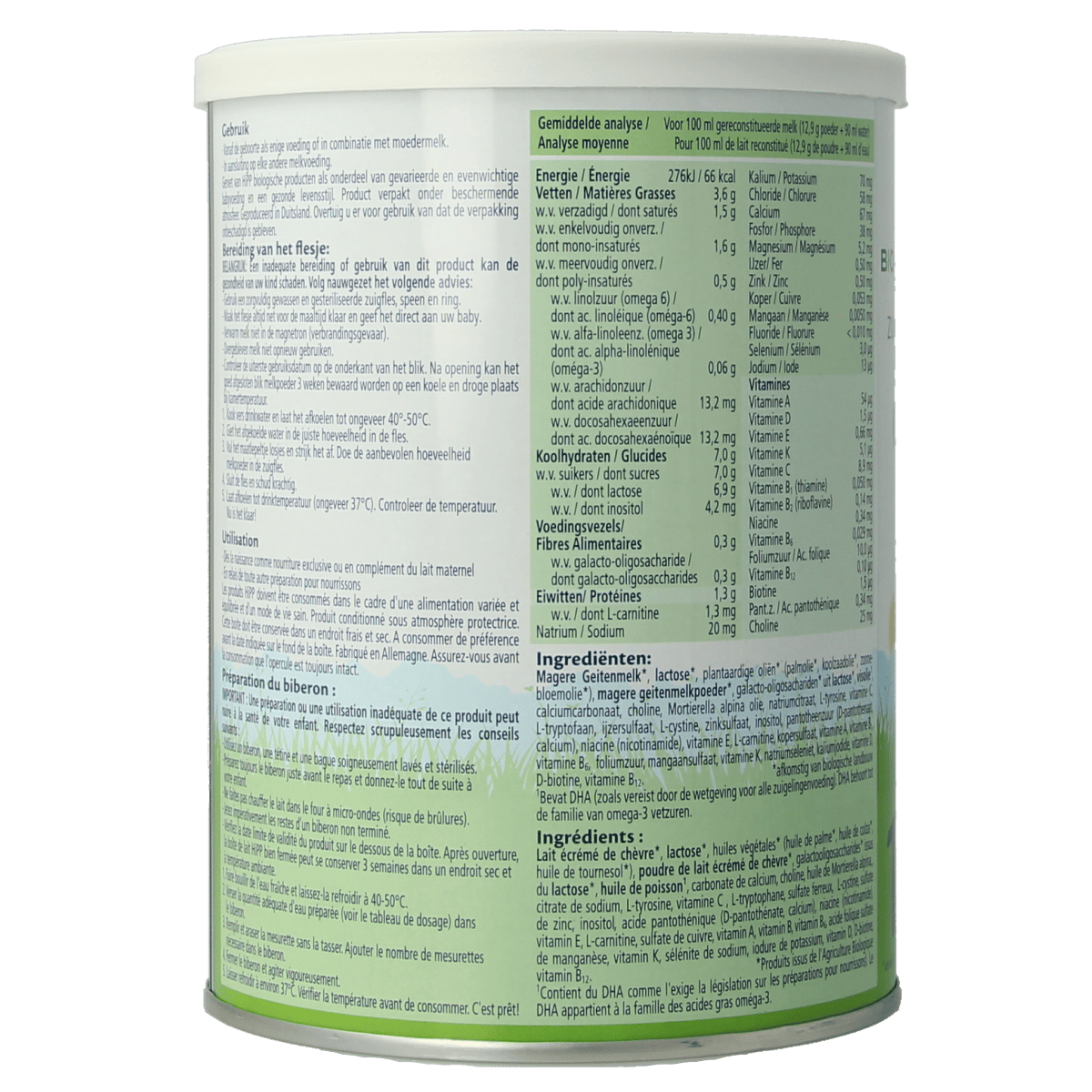Hipp 1 Biologische geitenmelk babyvoeding, 400g, in a container with a label showing a baby and natural ingredients.