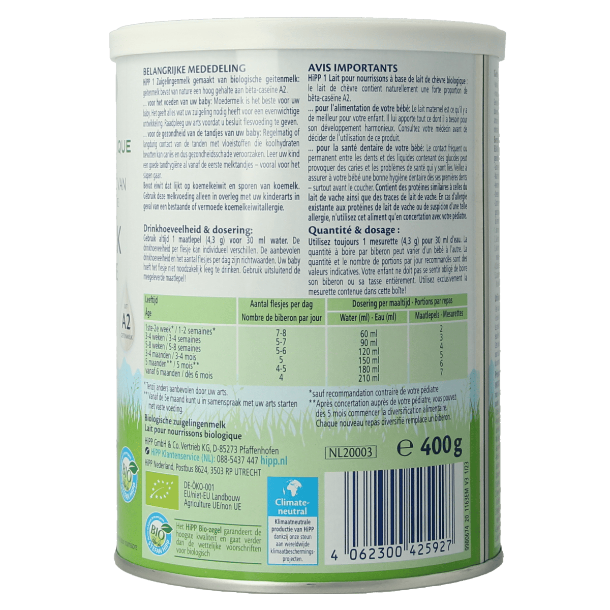 Hipp 1 biologische zuigelingenmelk op basis van geitenmelk, 400 gram, in een close-up van de verpakking en voedingsinformatie.