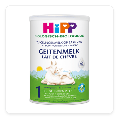 Hipp 1 biologische zuigelingenmelk op basis van geitenmelk, 400 gram, voor baby en peuter voeding, in een ronde container.