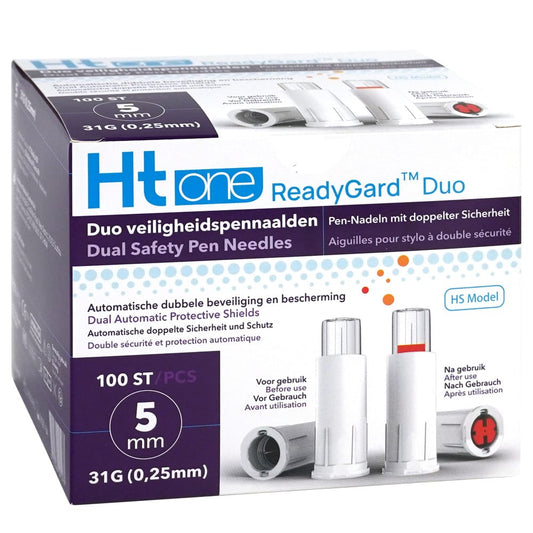 HT One Readygard Duo safety lancets and needles, 31G 5mm, sterile, for blood sampling, shown in a box of 100 pieces.