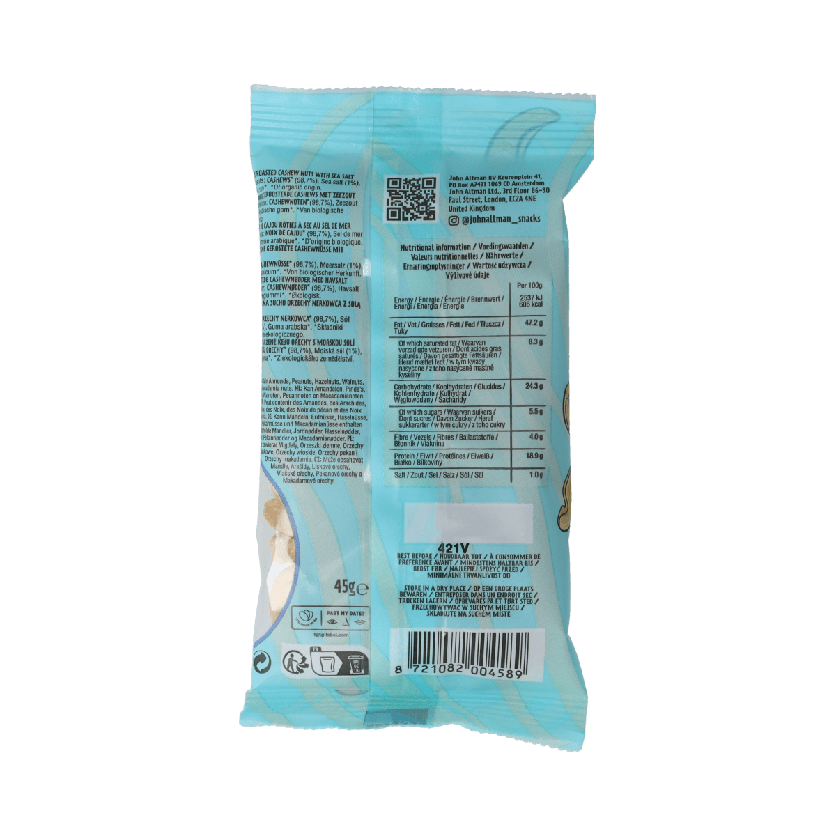 Organic John Altman cashew nuts with sea salt in a 45g bag, showing crunchy, salted cashews ready to snack.