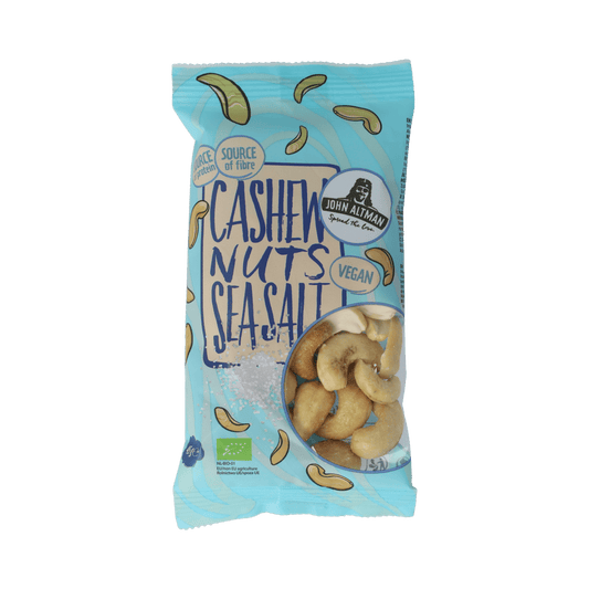 Organic cashew nuts from John Altman with sea salt in a 45g package, ideal for healthy snacks and quick bites.