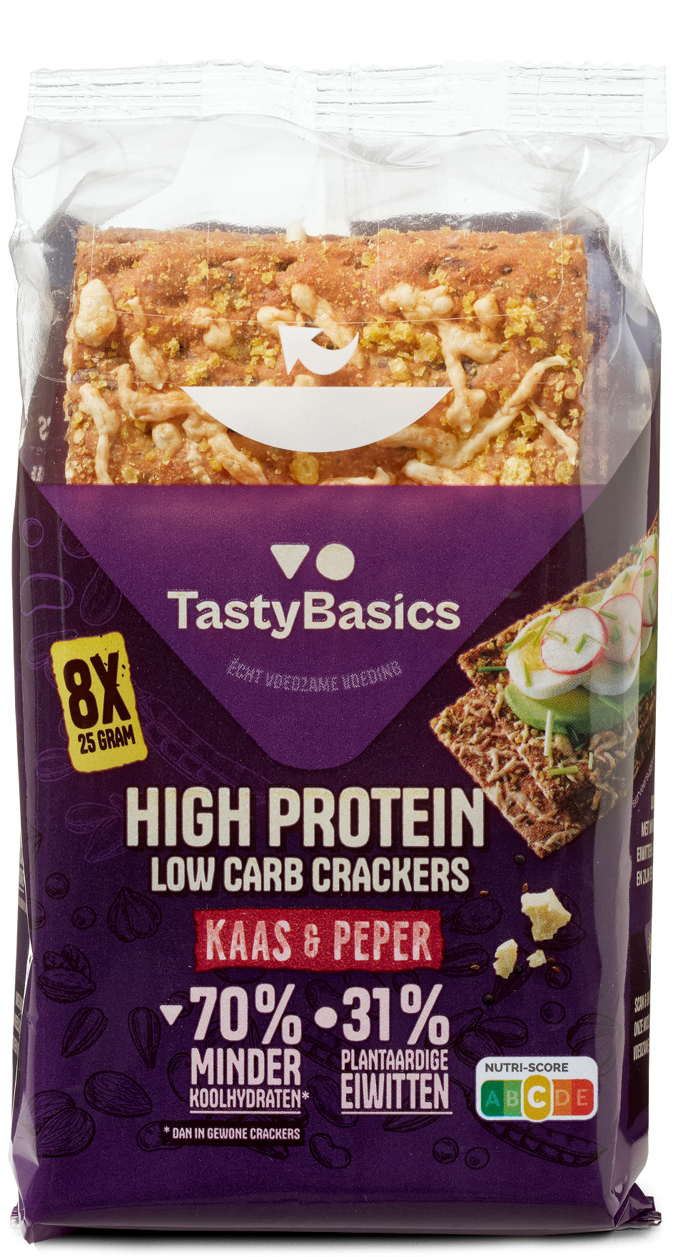 TastyBasics high-protein crackers with cheese and pepper flavor, 200g, featuring crispy crackers with cheese and pepper seasoning.