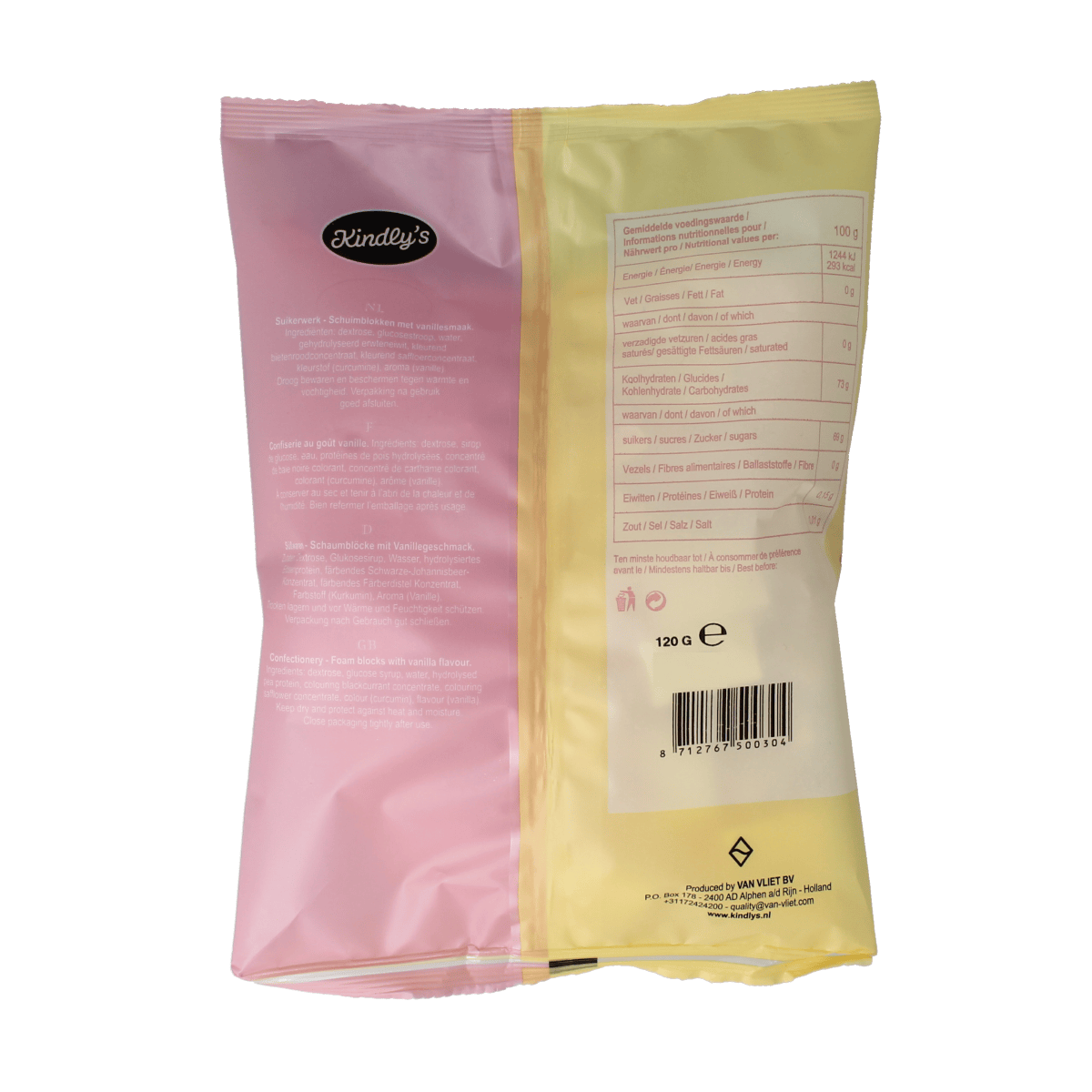 Kindly's Schuimblokjes snoepgoed in 120g package, soft foam candy with a light, airy texture and sweet flavor.