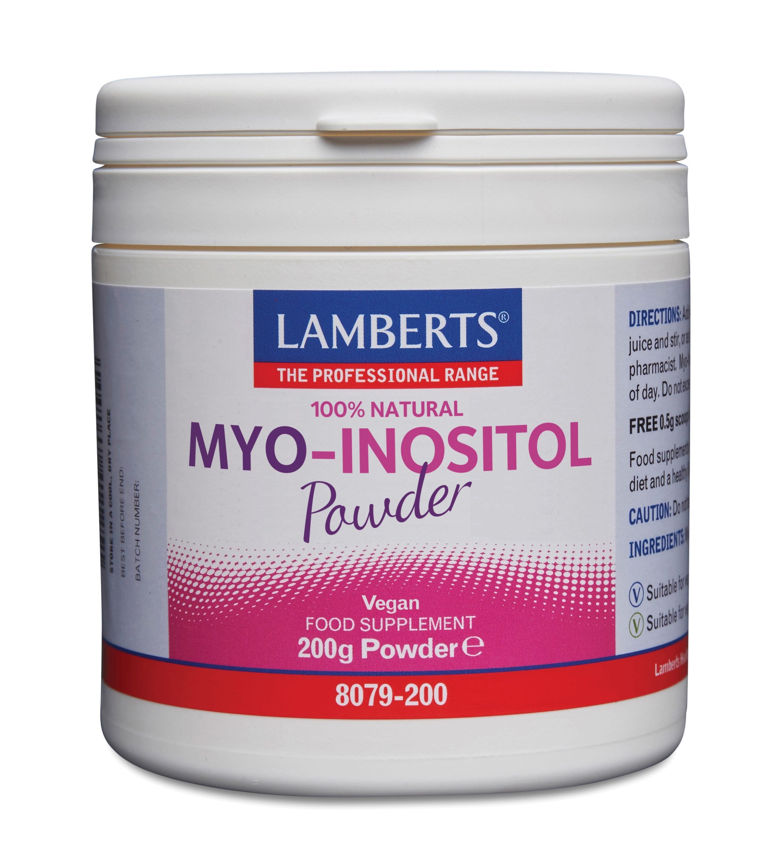 Lamberts Myo-inositol 200g vitamin supplement container with label showing product name and brand.