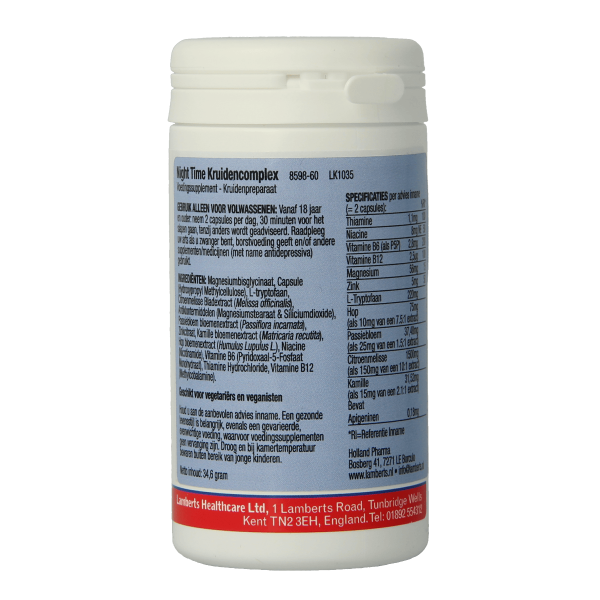 Lamberts Night Time Kräuter Complex capsules, a multivitamin supplement with herbal ingredients for nighttime support.
