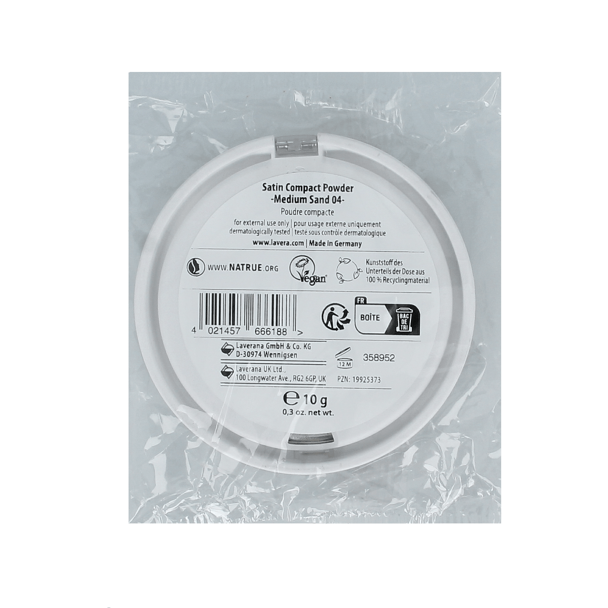 Lavera Satin Compact Powder Medium Sand 04 in 10g, natural facial makeup with smooth, matte finish.