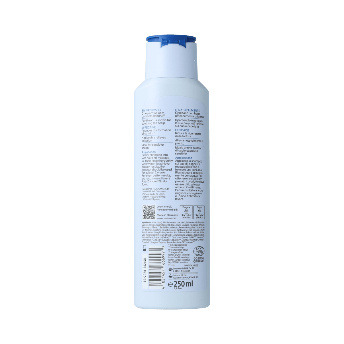 Lavera Anti-Dandruff Shampoo 250ml for scalp care, featuring natural ingredients and nourishing formula.