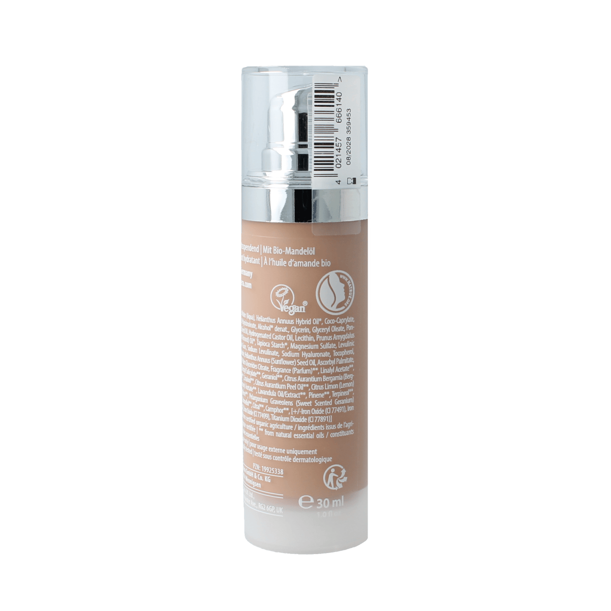 Lavera Hyaluron Liquid Foundation in Cool Beige 4.5, 30ml, showing the makeup bottle with brand and product details.