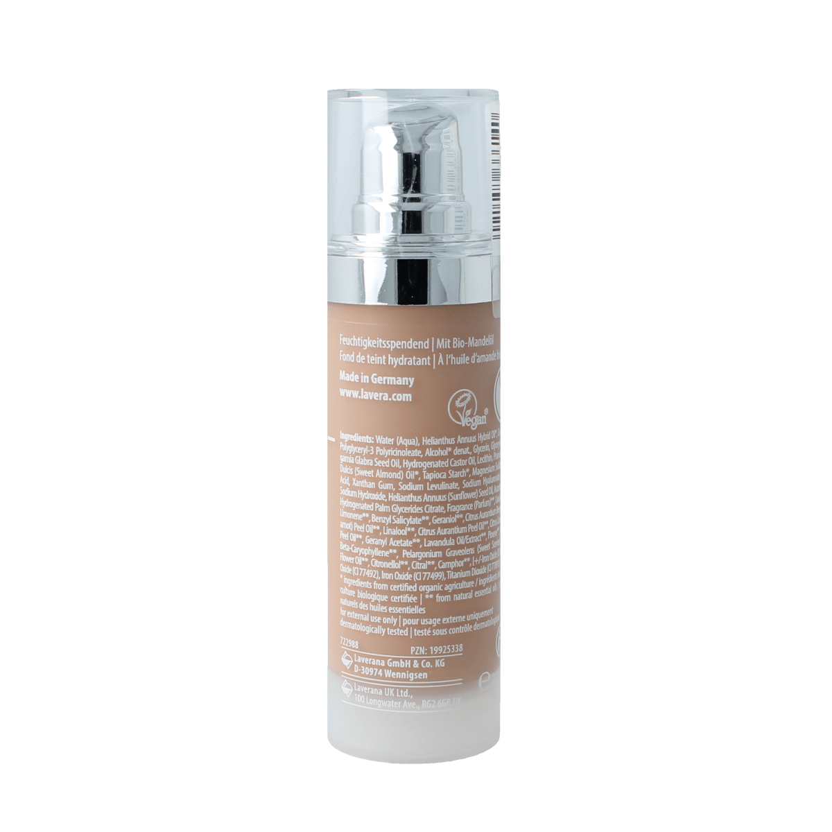 Lavera Hyaluron Liquid Foundation in Cool Beige 4.5, 30ml, with smooth liquid makeup in a pump bottle.