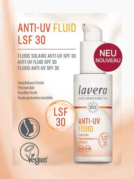 Lavera Anti UV Fluid SPF30 sample for sun protection, in a small bottle, designed for skincare and sun defense.