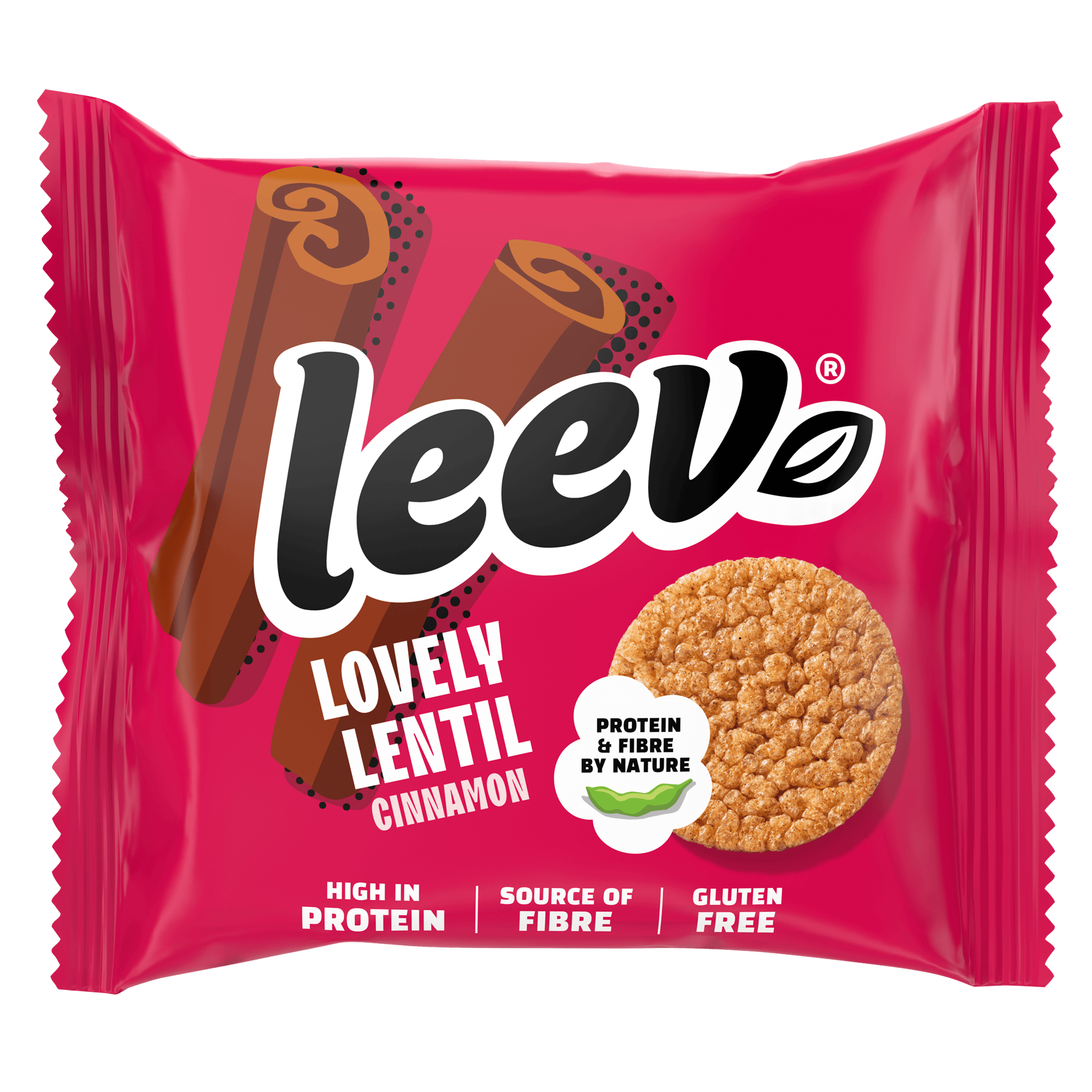 Leev bio LOVELY Lentil Wafels kaneel snack, 20g, with cinnamon flavor, served in a clear package, ready for on-the-go snacking.
