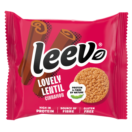Leev bio LOVELY Lentil Wafels kaneel snack, 20g, with cinnamon flavor, served in a clear package, ready for on-the-go snacking.