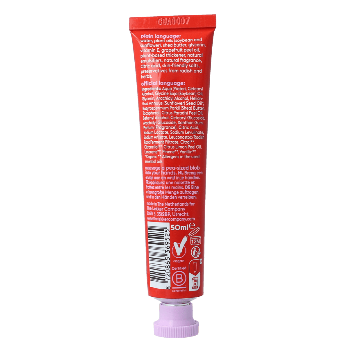 Lekker Company Touch Me handcreme in 50ml tube, moisturizing hand care product with sleek packaging and soft texture.