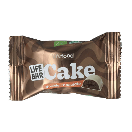Lifefood double chocolate cake snack, 35g, showcasing a rich chocolate-flavored treat in a packaged snack.