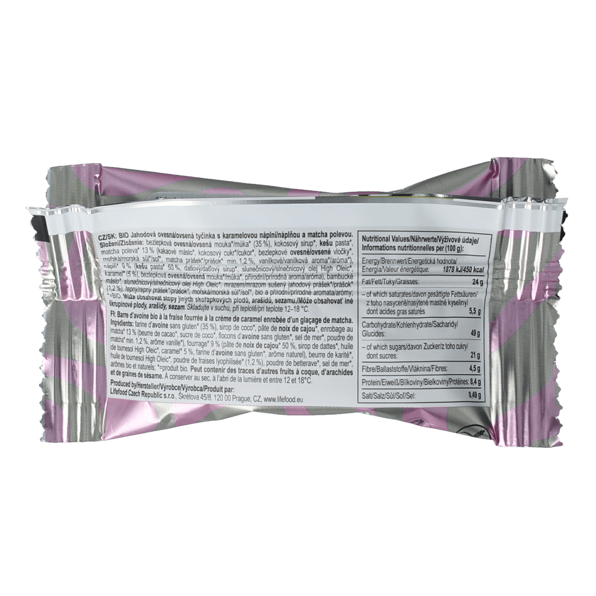 Lifefood Cake strawberry caramel matcha snack in 35g package, showing the colorful layered cake with strawberries and matcha.