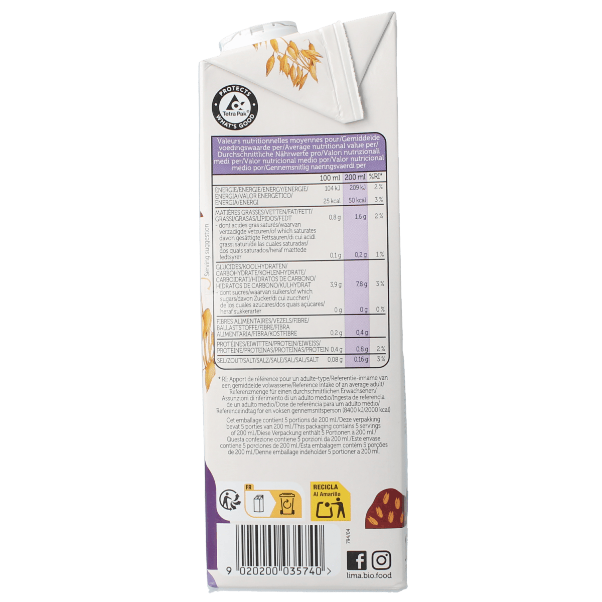 Lima sugar-free organic oat drink in a 1-liter carton, showing the product packaging with brand and label.