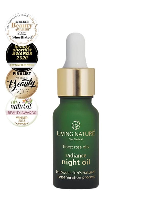 Living Nature Radiance Night Oil in 18ml bottle, natural facial skincare product with nourishing oils and elegant packaging.