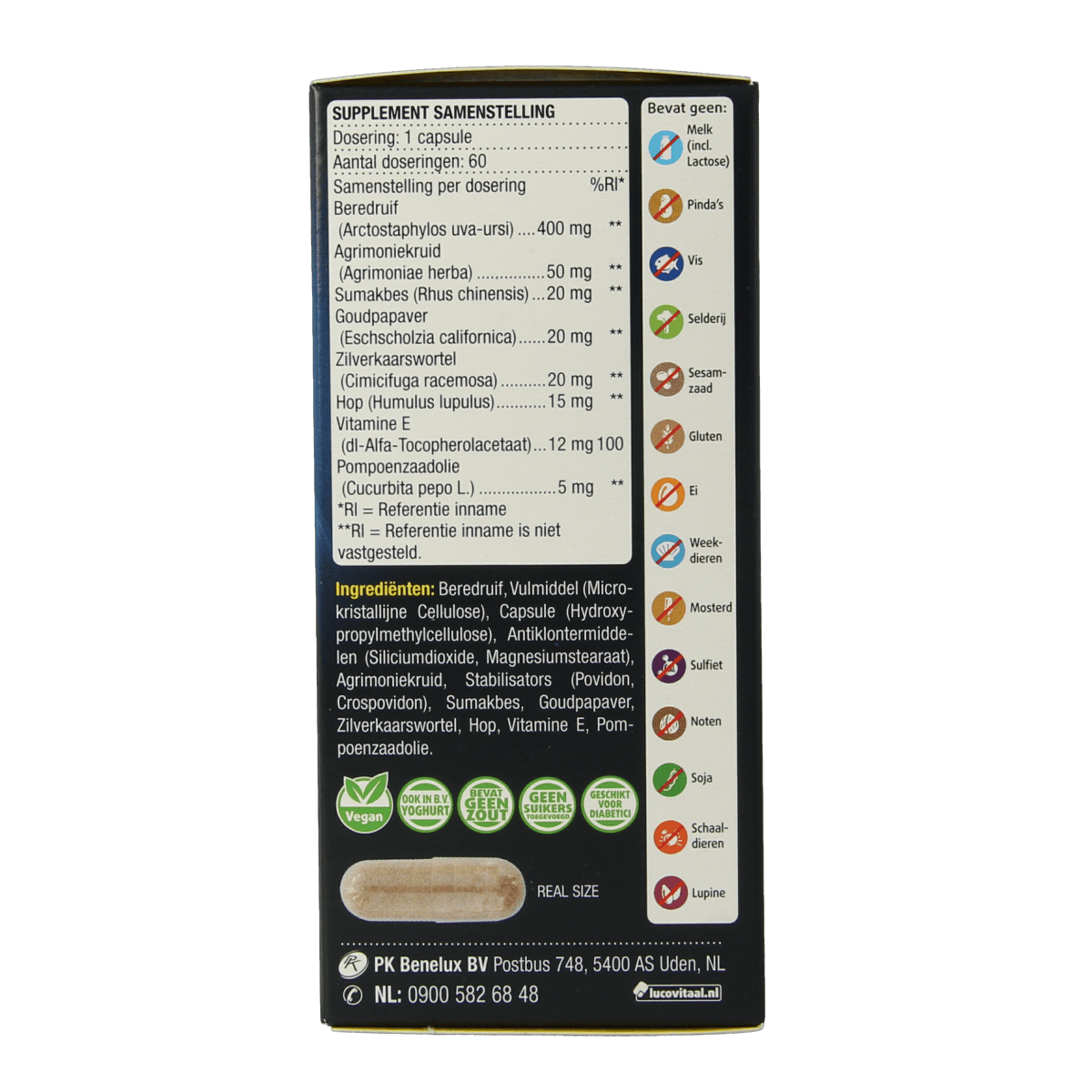 Lucovitaal Urilady capsules, herbal supplement in a blister pack, designed for urinary health support.