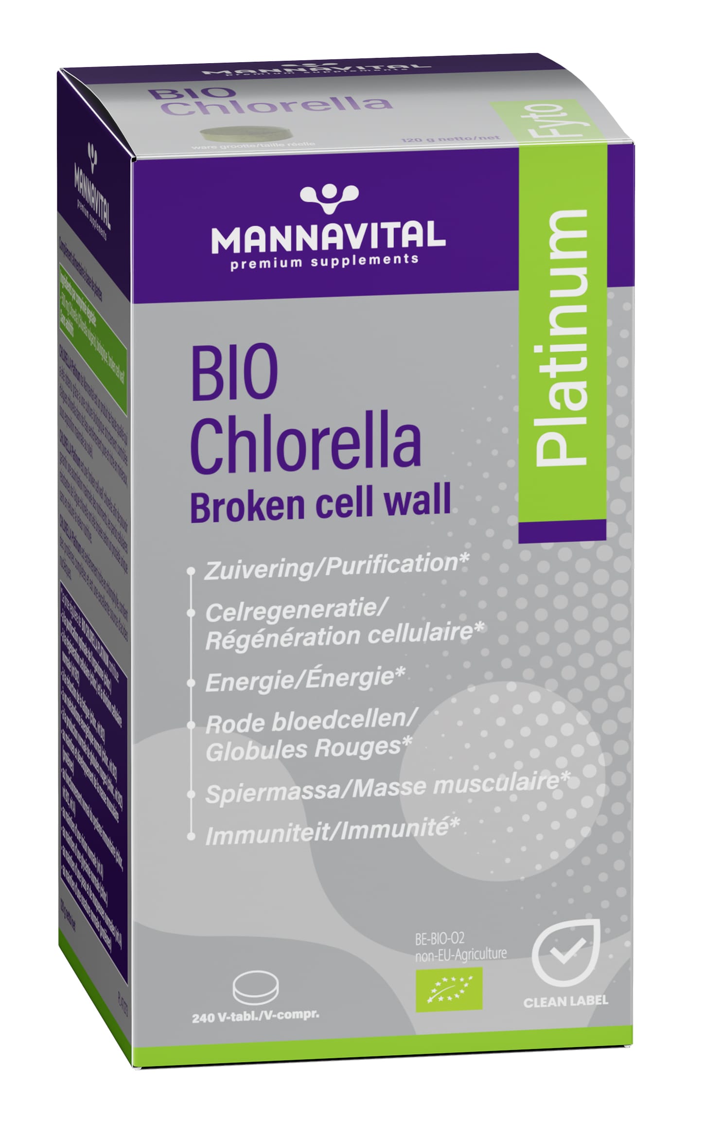 Mannavital Bio Chlorella tablets, natural herbal supplement, 240 tablets, organic green algae supplement from Mannavital.