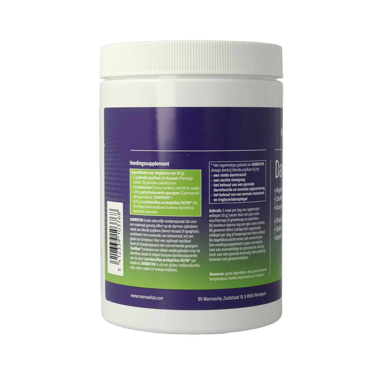 Mannavital Darmoton 300g fiber and enzyme supplement in a white container with label, showing the product front.