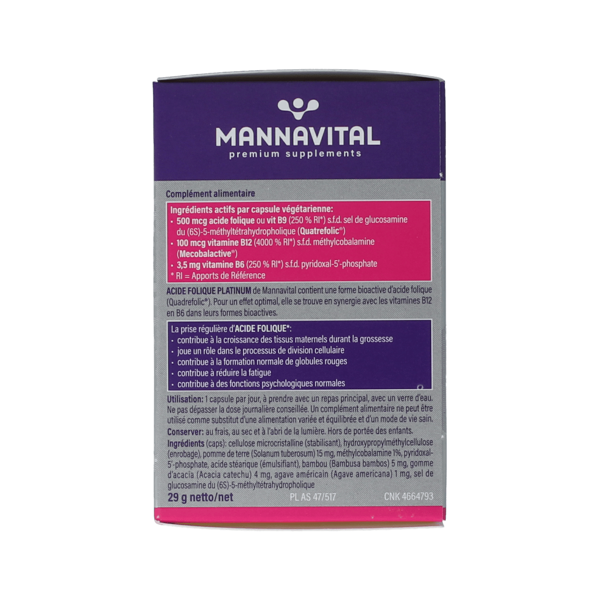 Mannavital Foliumzuur Platinum vegetarian capsules, vitamin supplement in a white bottle with label, displayed on a white background.