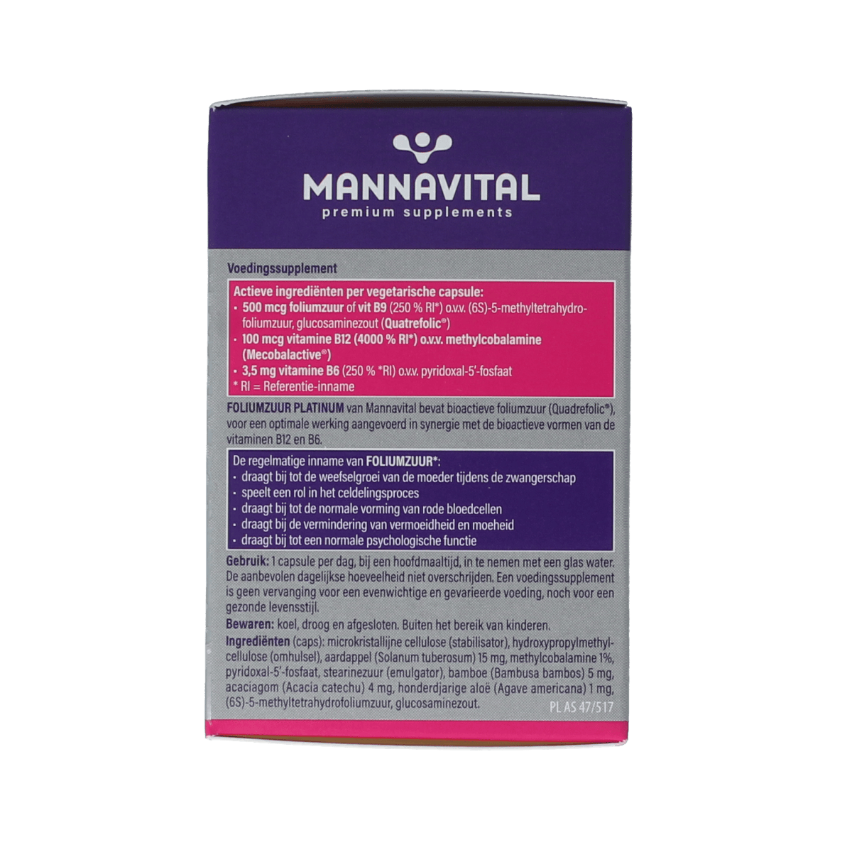Mannavital Foliumzuur Platinum vegetarian capsules, 90 count, showing the bottle and capsules on a white background.