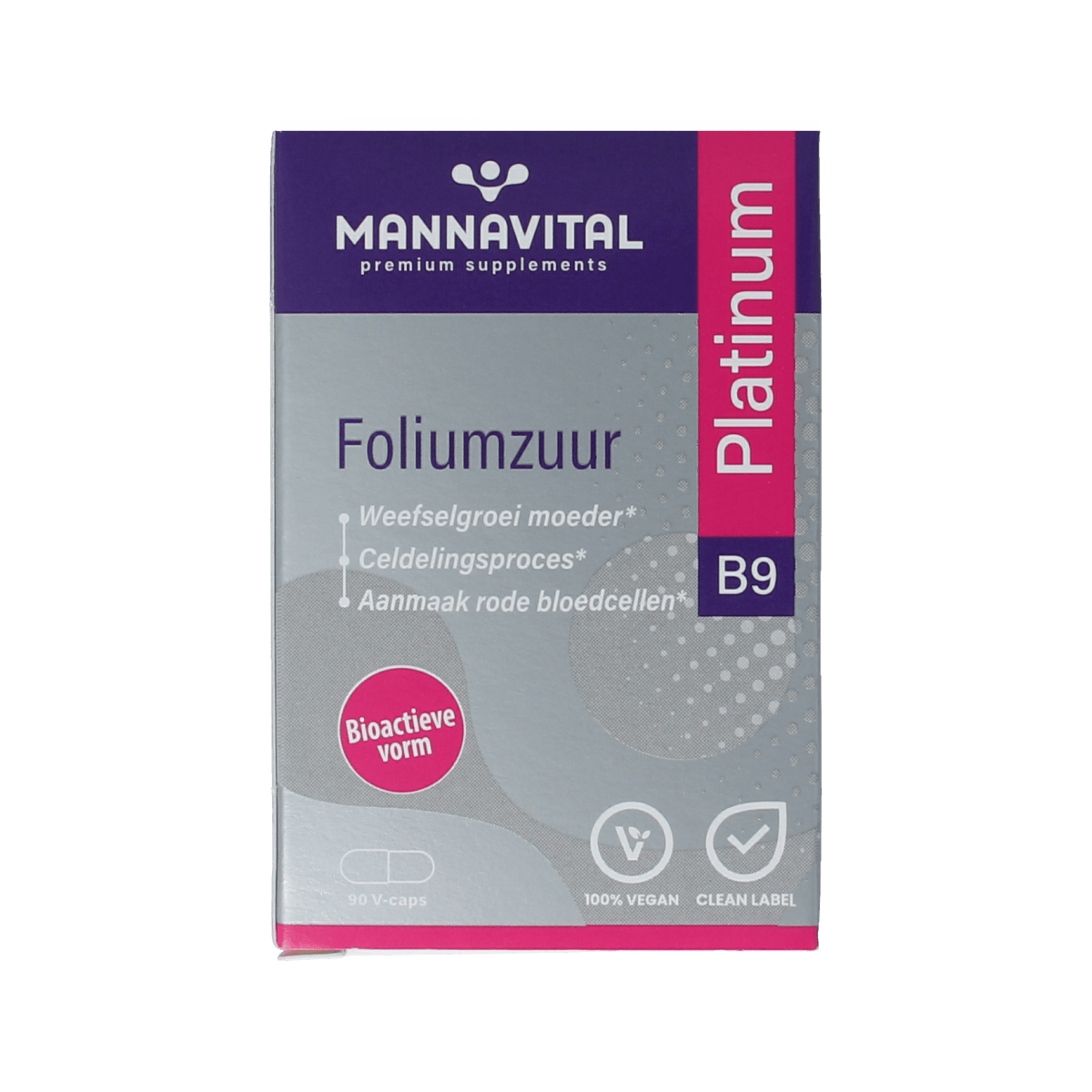 Mannavital Foliumzuur Platinum vegetarian capsules, 90 count, close-up of the supplement bottle with capsules inside