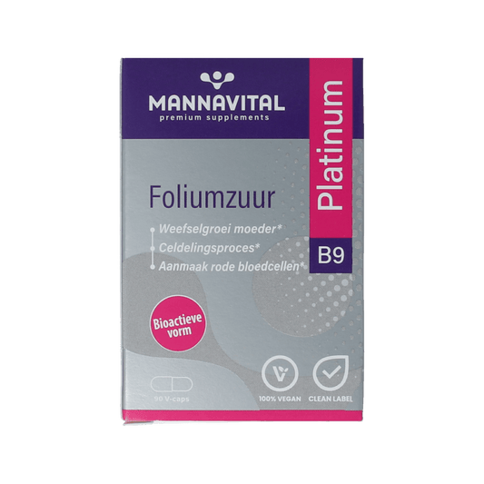 Mannavital Foliumzuur Platinum vegetarian capsules, 90 count, close-up of the supplement bottle with capsules inside