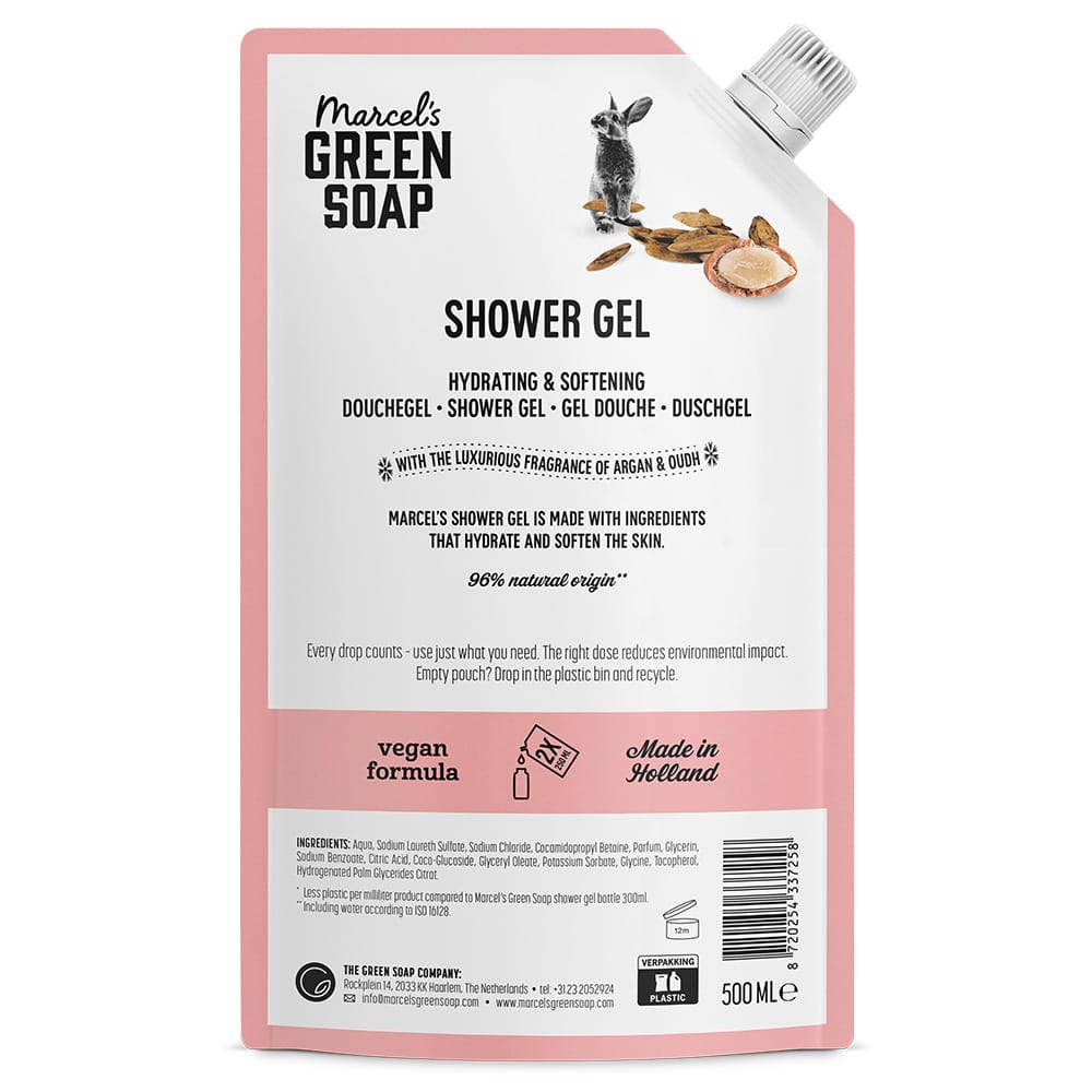 Marcel's Green Soap Argan & Oudh shower gel refill bottle, 500ml, for luxurious bad en douche experience.