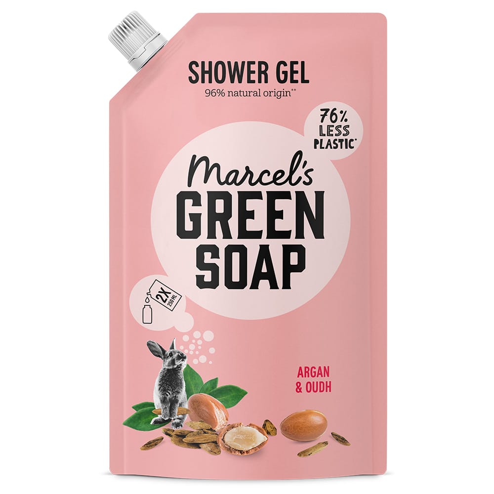 Marcel's Green Soap Argan & Oudh shower gel refill, 500ml, in a clear plastic bottle with a pump dispenser.