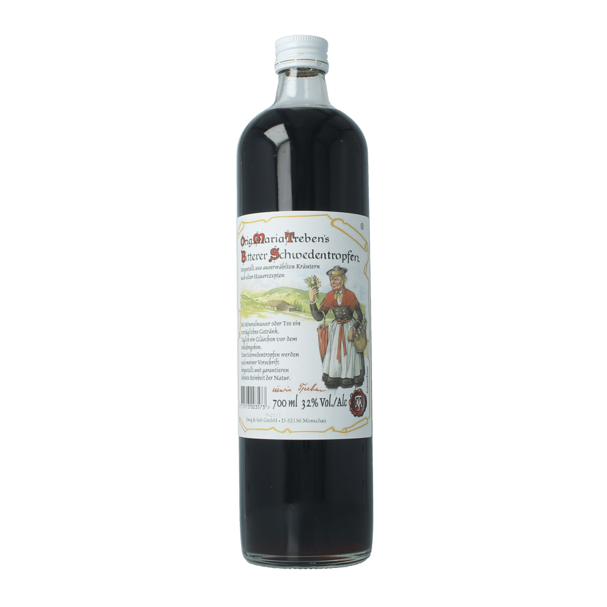 Maria Treben Schwedentropfen bitter herbal remedy in a 700ml bottle, part of Maria Treben's herbal preparations collection.