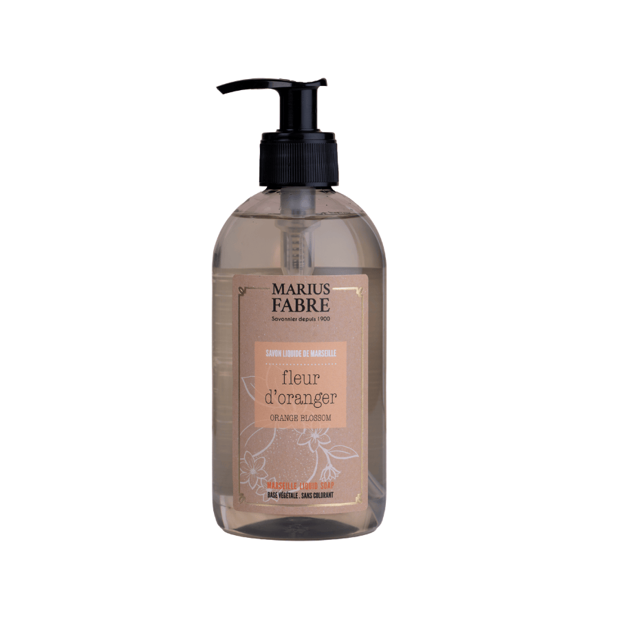 Marius Fabre Zeep Oranjebloesem pump bottle, 400ml, natural soap with orange blossom scent, clear plastic dispenser