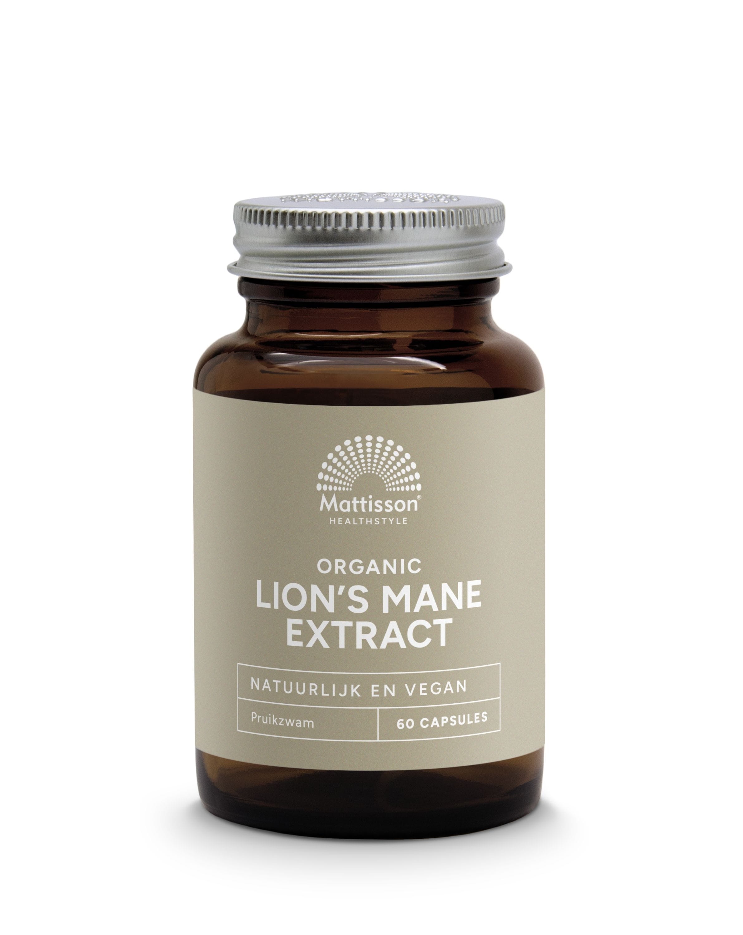 Mattisson Lion's Mane extract 500mg bio capsules, natural dietary supplement in a bottle with 60 capsules.