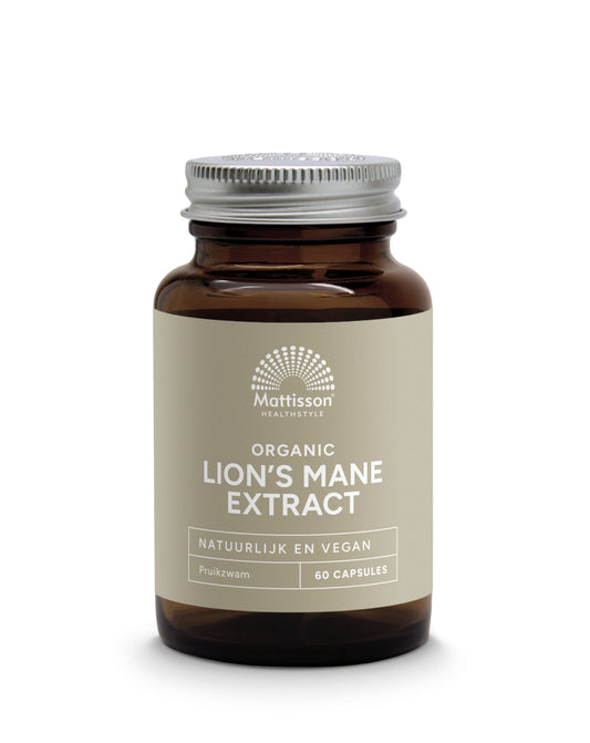 Mattisson Lion's Mane extract 500mg bio capsules, natural dietary supplement in a bottle with 60 capsules.
