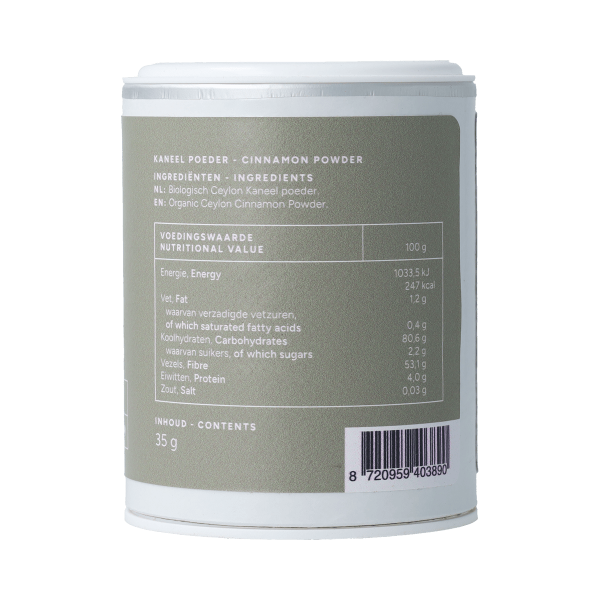 Organic Ceylon cinnamon by Mattisson in a 35g package, showing fresh cinnamon sticks and ground cinnamon in a clear jar.