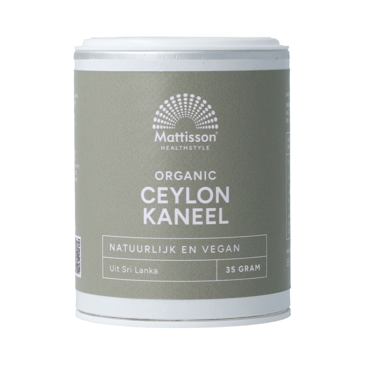 Mattisson Organic Ceylon Cinnamon 35g, ground spice in a clear jar, showcasing the natural cinnamon powder inside.