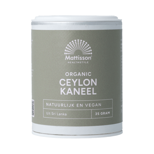 Mattisson Organic Ceylon Cinnamon 35g, ground spice in a clear jar, showcasing the natural cinnamon powder inside.