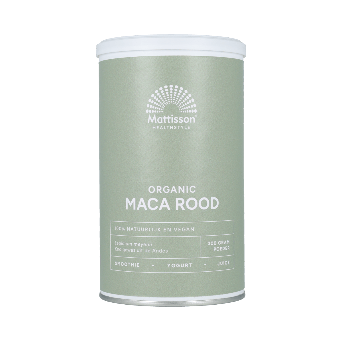 Organic Mattisson Maca Root powder in a 300g package, raw superfood with vibrant brown maca root granules.