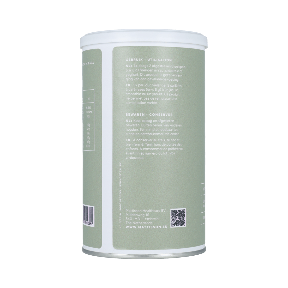 Mattisson Organic Maca Zwart in 300g package, raw superfood powder with dark maca root, natural and nutrient-rich for health.