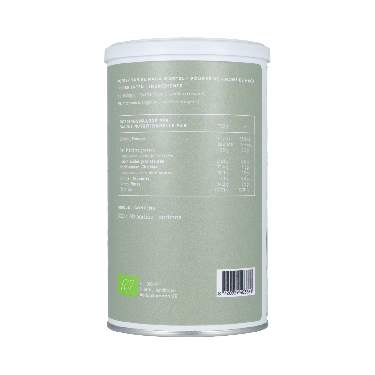 Mattisson Organic Maca Zwart in a 300g package, raw superfood supplement with black maca roots and natural earthy appearance.