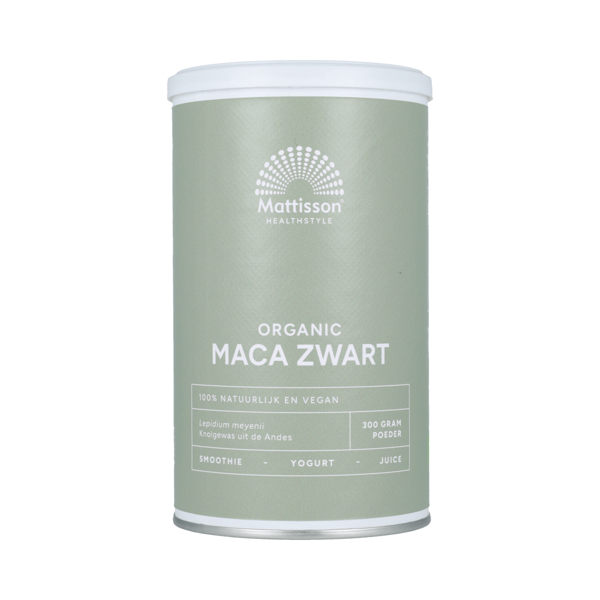 Mattisson Organic Maca Zwart in 300g, raw superfood powder with dark, earthy appearance, used for health and energy boosts.