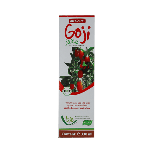 Medicura Goji 100% organic juice bottle, 330ml, natural fruit drink with vibrant red liquid in clear plastic bottle.
