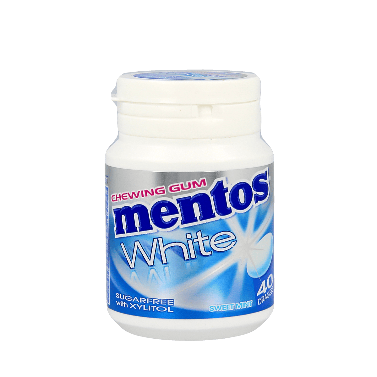 Mentos Gum Sweet Mint in a white pot, 40 pieces, showing the fresh mint-flavored chewing gum inside the packaging.