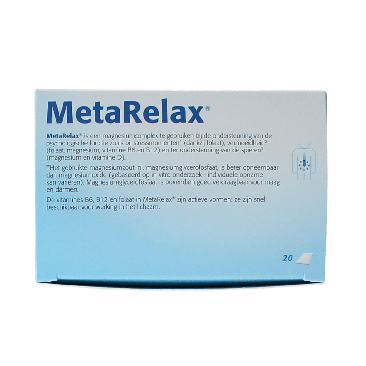 Metagenics Metarelax mineral multivitamin sachets, dietary supplement with minerals and nutrients, in 20-pack sachets.