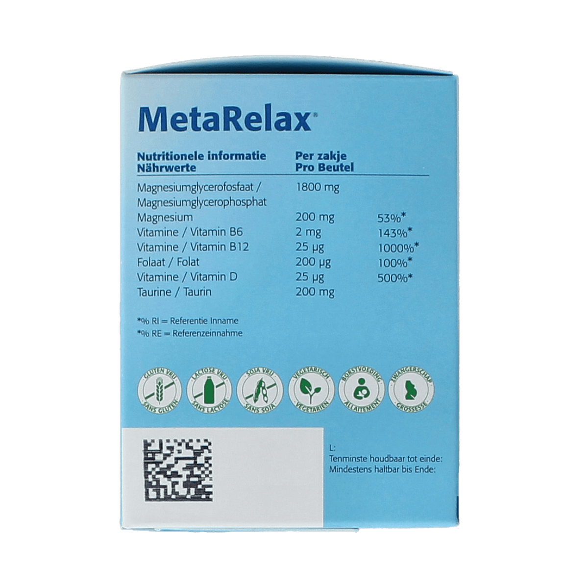 Metagenics Metarelax mineral multivitamin sachets, dietary supplement with minerals and nutrients for relaxation and wellness.