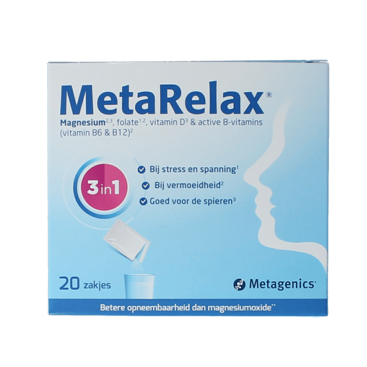 Metagenics Metarelax mineral multivitamin sachets, dietary supplement with minerals in 20 sachets for relaxation and wellness.