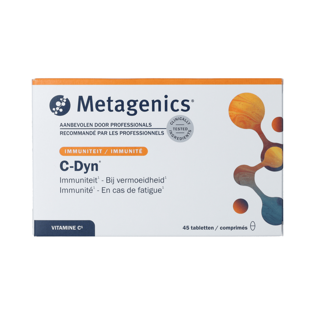 Metagenics C-Dyn supplement bottles with 45 tablets, dietary supplement and herbal preparation for immune support.